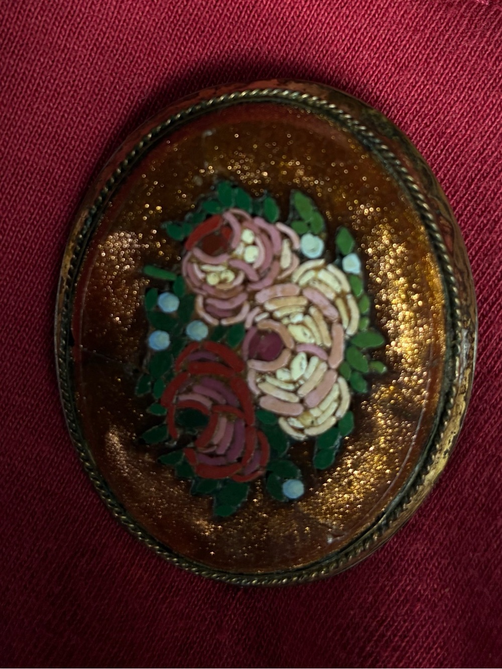 Sparkling Gold Floral Micro-Mosaic Oval Brooch in Pink, Red and Green